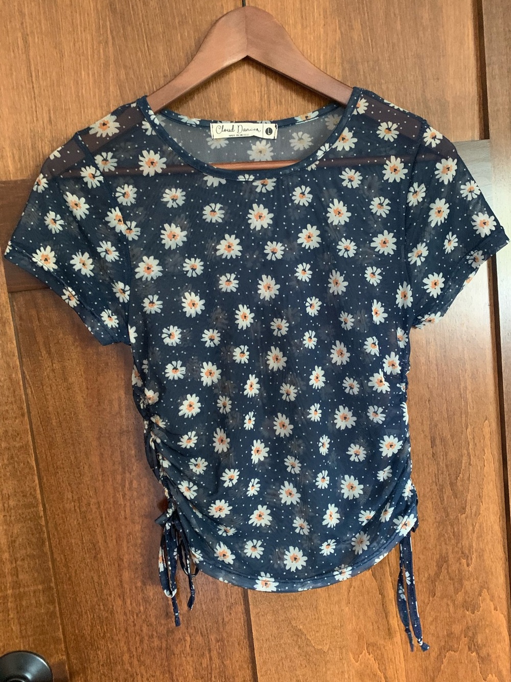 Mesh Floral Short Sleeve Ruched Tee